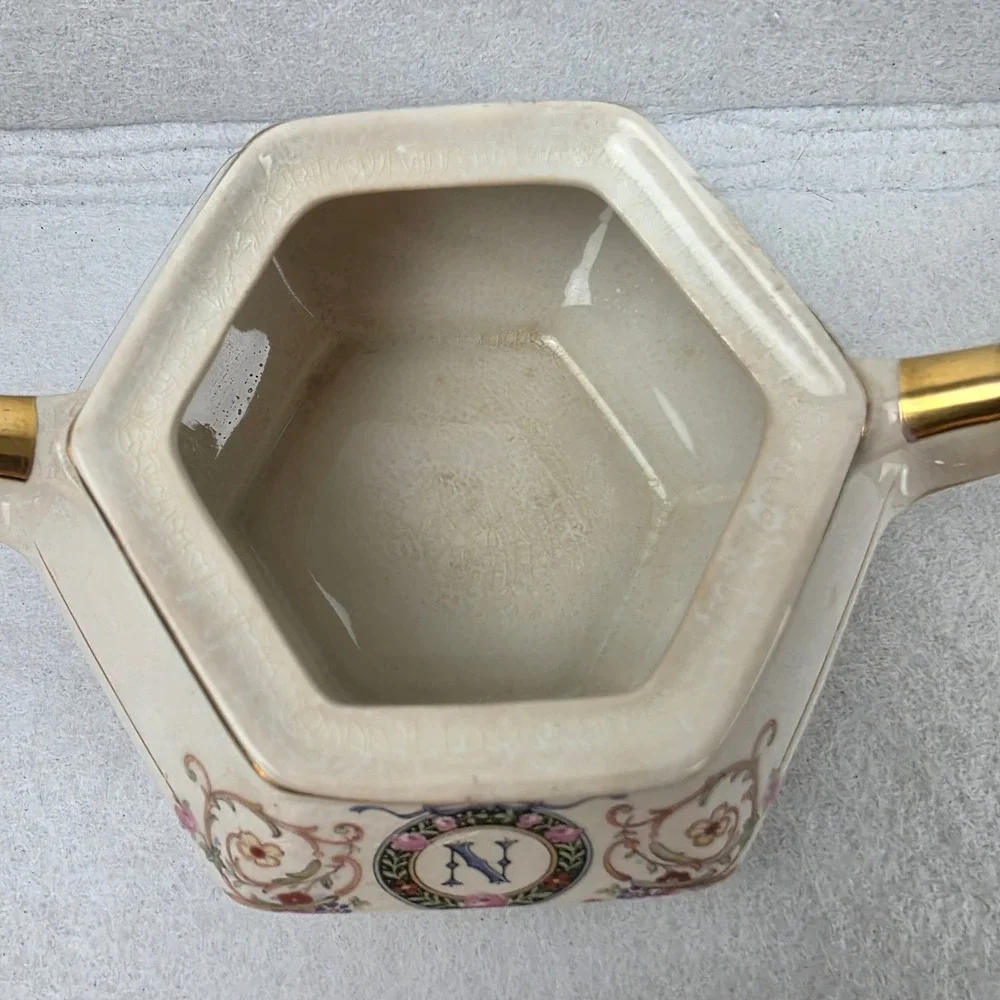 Antique Bavaria Germany Sugar Bowl Lid Floral Gold Monogram N Porcelain